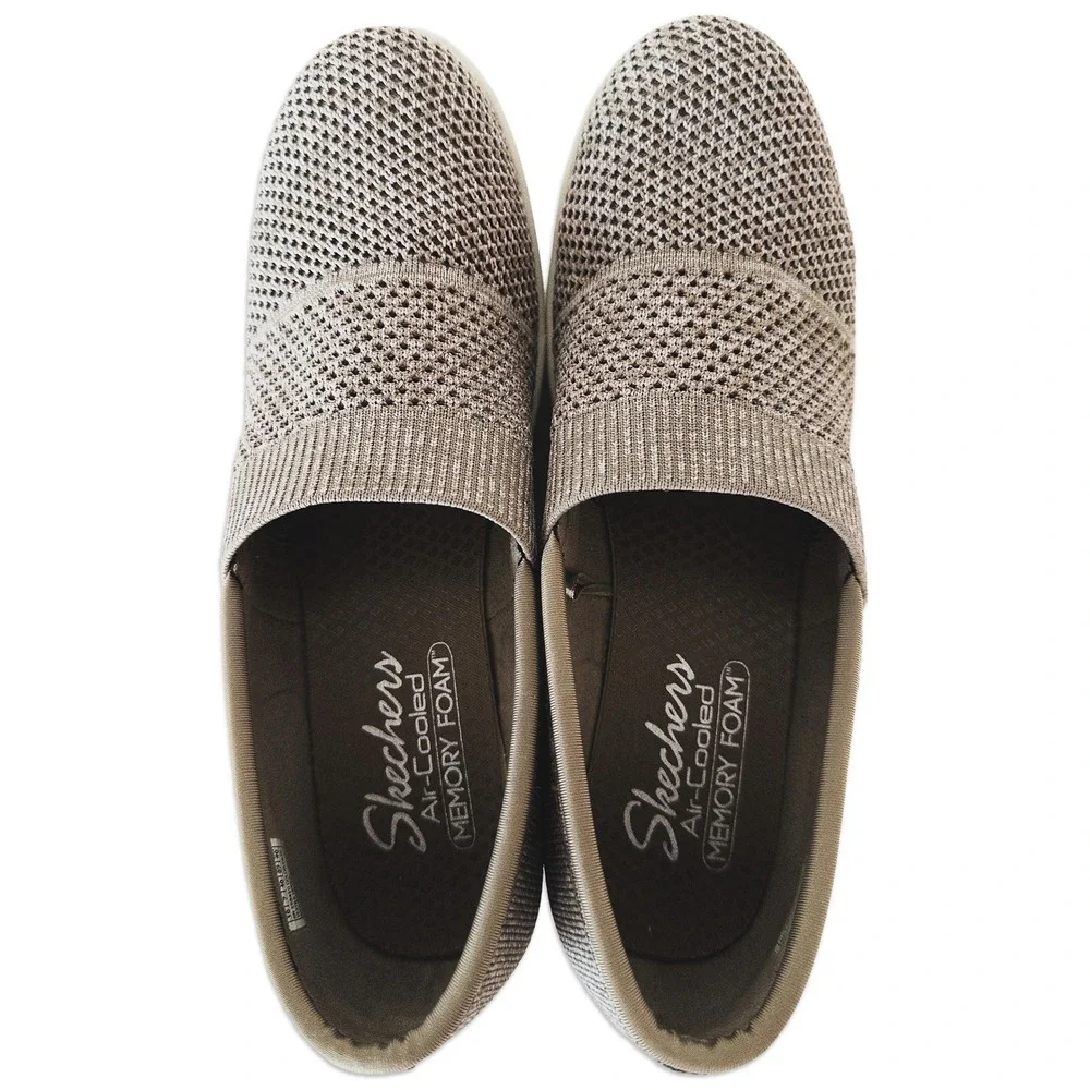 Skechers Slip‎ On Wedge Sneaker Womens 10 Taupe Knit Air-Cooled Memory Foam